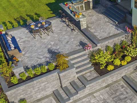 multi-level exterior living area created with Cambridge Pavingstones